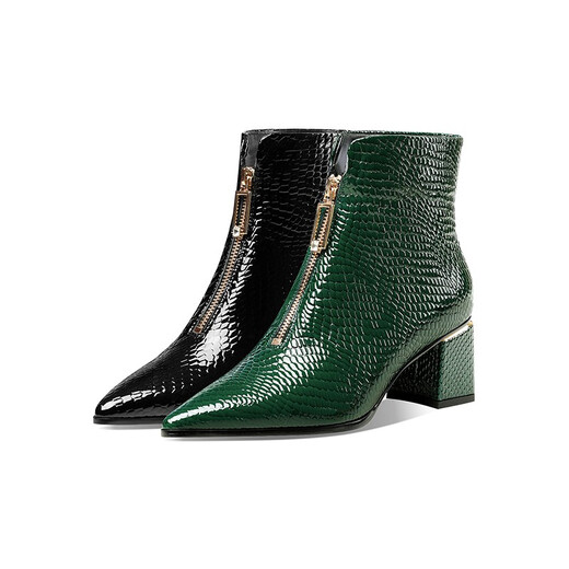 Foot-face pointed-toe women's short boots new European and American patent leather fashionable women's boots autumn and winter thick heel single boots high heel boots Martin boots green front zipper ankle boots and nude boots green single 37