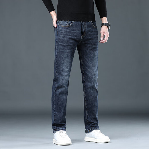 CANELIN KISKHA high-quality jeans for men in spring and autumn slim straight black men's pants stretch plus velvet men's casual long pants men 2049 blue regular size 36