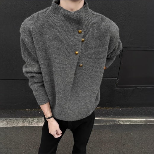 Yiran presents irregular button design turtleneck sweater for men, Korean trendy brand, handsome and lazy oversize sweater top, gray XL, recommended 140-160Jin Jin is equal to 0.5 kg