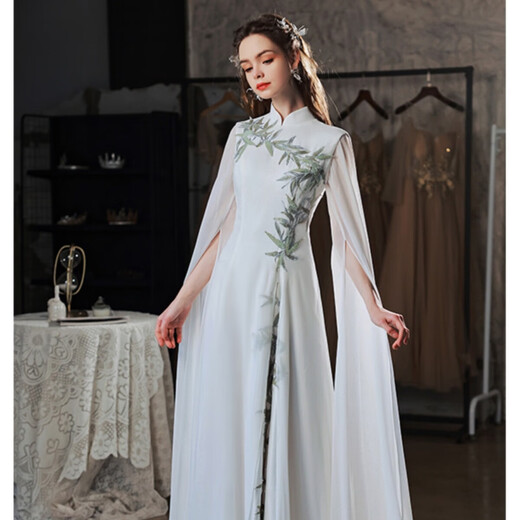 Li Baixin white chorus clothing Chinese guzheng performance clothing stage performance catwalk art test host student evening dress cheongsam white M recommended 90-100Jin Jin equals 0.5 kg