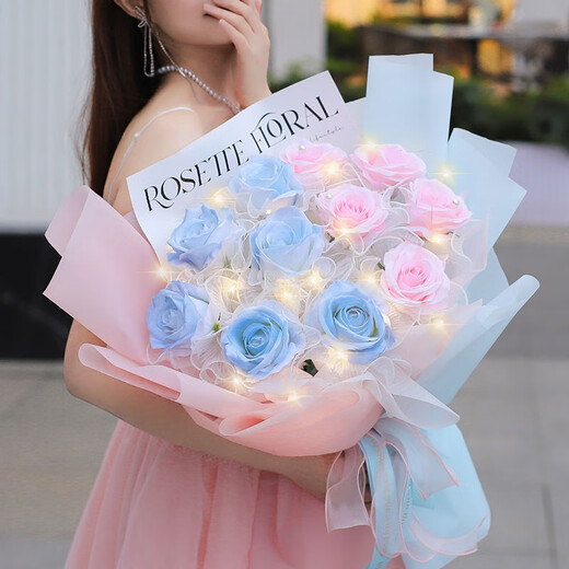 Huawang Flower Express Blumengeschenk gebrochenes Eisblau Rose Geständnis zum Liebesgeburtstagsgeschenk meiner Freundin am Tag [Liebe zum Auftauchen] 6 gebrochenes Eis Blau + 5 Pink Rose Dy683