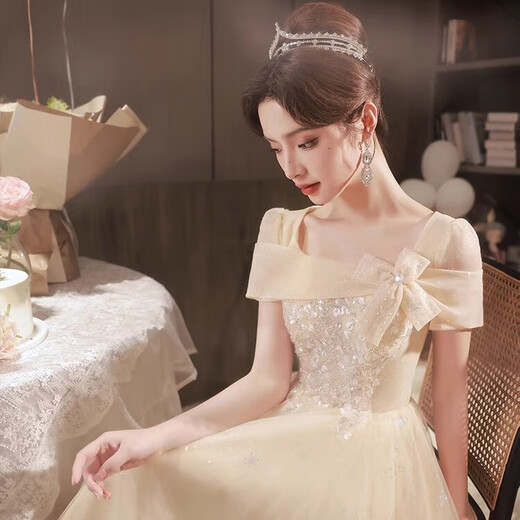 Li Baixin champagne color art exam evening dress new small birthday party temperament light luxury niche high-end host skirt champagne color long L recommended 100-110Jin Jin equals 0.5 kg