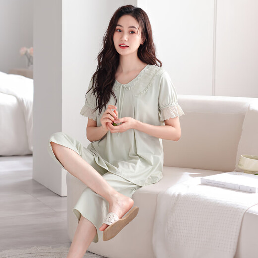 莫代尔睡衣女士夏季纯棉短袖七分裤家居服新款薄款带胸垫两件套装 Z695嫩绿(带胸垫) M 建议80-105斤