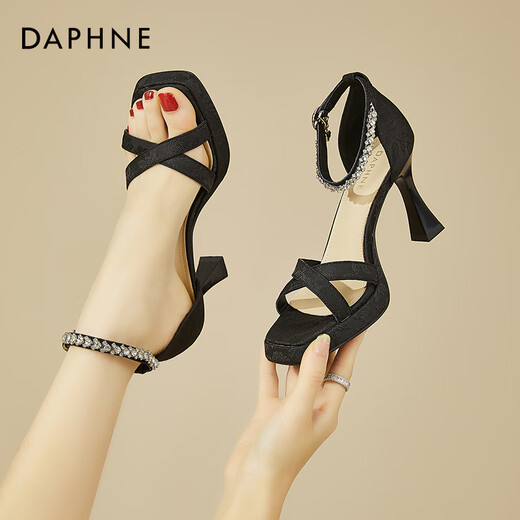 Daphne high heel sandals for women 2025 summer new one-liner straps for outer wear rhinestone temperament fashion shoes for women versatile women shoes black 37