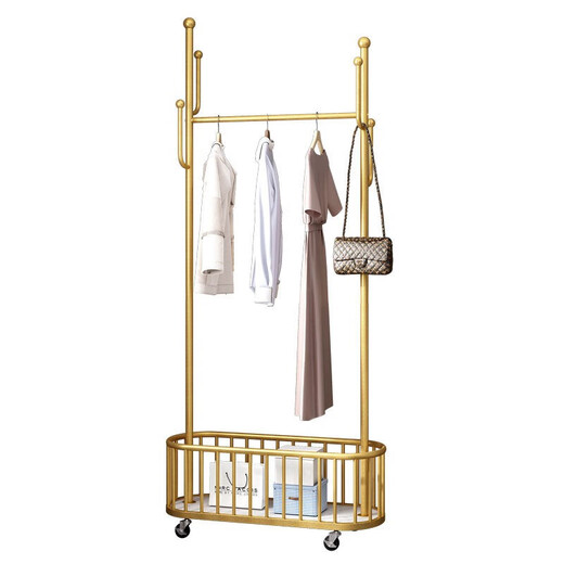 DSRAWMYT coat rack with wheels, movable bedroom multi-functional storage rack, light luxury clothes hanger, floor-standing gift, champagne gold 80CM, with rollers + with basket