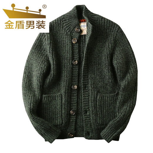 Golden Shield Wool Cardigan Italian Station Men's Autumn and Winter Thickened Knitted Sweater Jacket Green M (130-145Jin Jin equals 0.5kg)