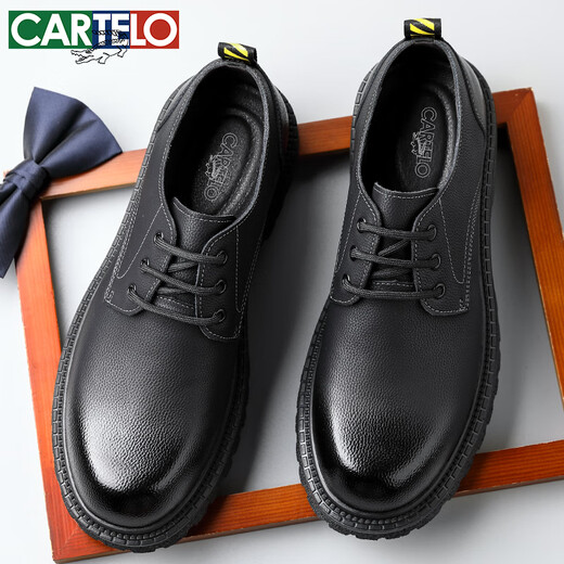 卡帝乐鳄鱼（CARTELO）卡帝乐鳄鱼英伦大头皮鞋男商务休闲男士皮鞋厚底增高鞋9789黑色40