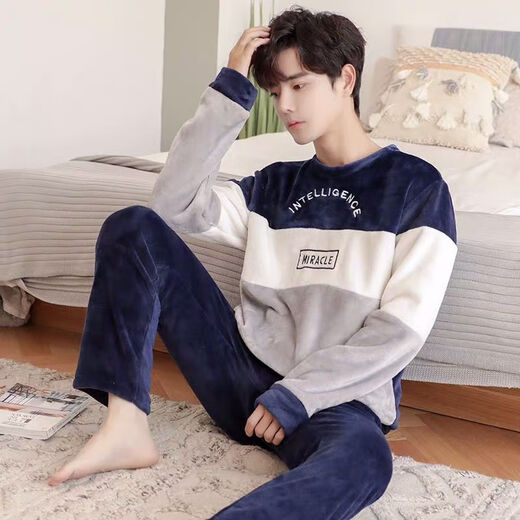 Modal Herren Pyjamas Koralle Velvet Winter plus Samt verdickte studentische Cartoon Lose Jugend Imitation Flanell Home Kleidung zwei Stücke 3895# Royal Blue Bear Footprints 2xl [vorgeschlagen 140-160jin [Jin gleich 0,5 kg]]