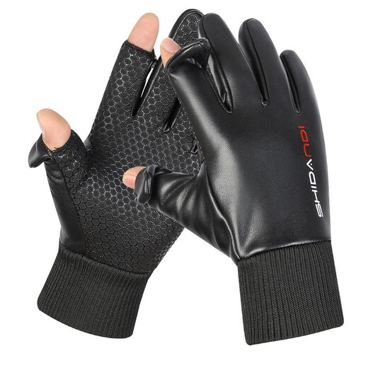 Zhugang Flip Fingerless Leather Gloves Men's Winter Takeaway Waterproof Cycling Outdoor Driving Fishing Touch Screen Plus Velvet Warmth Full Finger Flip Style