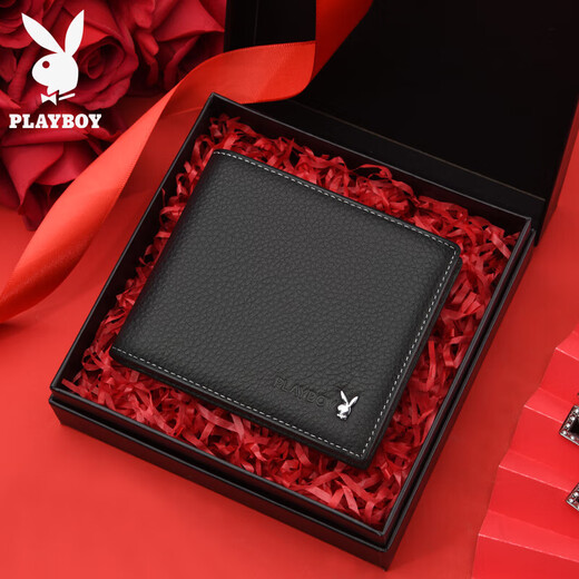 花花公子（PLAYBOY）钱包男款真皮短款头层牛皮男士卡包钱夹薄款送父亲老公情人节礼物 黑色【专柜礼盒】
