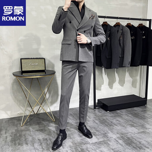 罗蒙（ROMON）高档正品戗驳领双排扣西服套装男新郎开会礼服胖子蓝色小西装 深灰三件套(西服+西裤+马甲+衬衫 L