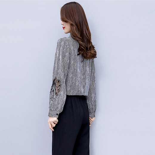 Shanidolo Women's Shirt Women's Chiffon Shirt Spring and Autumn Slim Belly Covering Striped Top Women's Long Sleeve 15262 Picture Color Black and White Stripes L Recommended 100-120 Jin Jin equals 0.5 kg Wear