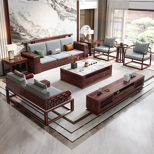 Nanzhu New Chinese Solid Wood Sofa Black Gold Wood Winter and Summer Large Apartment Villa Sofa Combination 825#