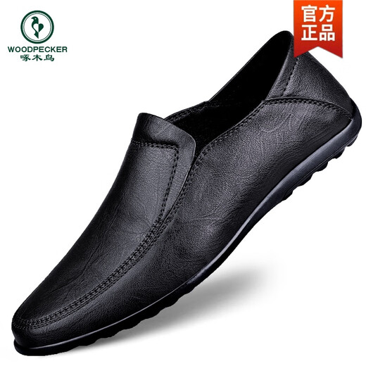 Woodpecker Men's Business Casual Genuine Leather Casual Leather Shoes Soft Leather Soft Sole Slip-On Beanie Shoes Versatile Men's Shoes Black 42