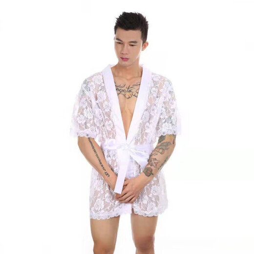 Männer Sex Nachthemd für Männer Super sexy Spitze transparent Tanga Bademantel Hauskleidung Set Perspektive Versuchung Schwarz S