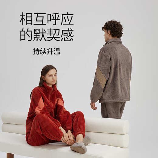 Chundu soft coral velvet pajamas for women winter thickened plus velvet wedding couple set men's flannel home clothes vermilion M