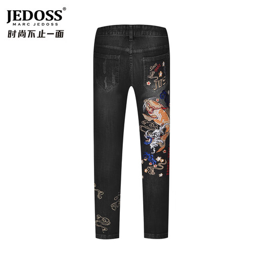 马克爵迪斯（Marc jedoss）男装2024夏季新款中国风拼色锦鲤黑色牛仔裤SX761B 黑色 31