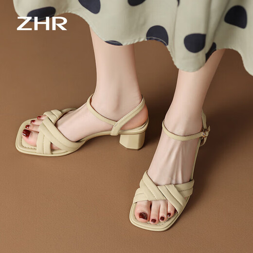 ZHR凉鞋女夏季优雅一字带粗跟女鞋温柔纯色高跟鞋子女 Y683 浅黄 36 