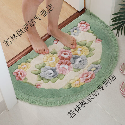 Xingwan semicircular floor mat bathroom semicircular floor mat room door mat toilet door door anti-slip absorbent foot mat living room field flocking flower cut tassel style-rose red 40x60CM (semicircle)