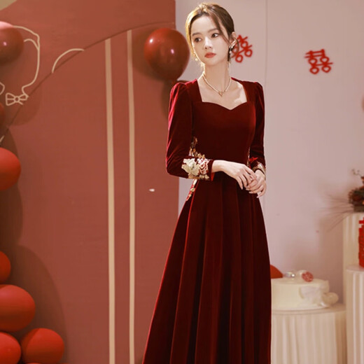 Li Baixin Toast Wear 2025 New Bride Red Wedding High-End Engagement Dress Long-Sleeved French High-Quality Women Autumn and Winter Burgundy M