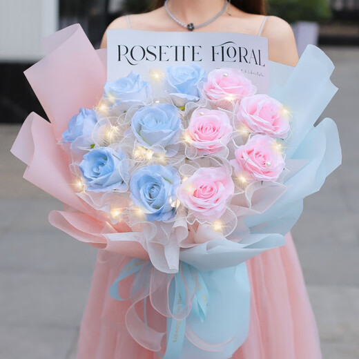 Huawang Flower Express Blumengeschenk gebrochenes Eisblau Rose Geständnis zum Liebesgeburtstagsgeschenk meiner Freundin am Tag [Liebe zum Auftauchen] 6 gebrochenes Eis Blau + 5 Pink Rose Dy683
