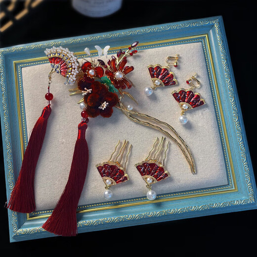 Ancient new Chinese style red tassel headdress bride Xiuhe suit temperament ancient style toasting suit hair accessories temperament style bridal headdress set