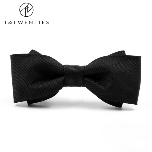 T&Twenties 男士真丝领结袖扣口袋巾三件套装礼盒 商务婚礼结婚新郎伴郎配饰 黑色暗纹纯色.三件套