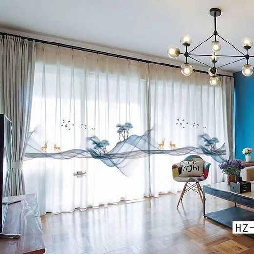 Transparent and opaque 5D three-dimensional ink landscape painting Chinese style gauze curtain for living room, bedroom, study, balcony, tea room partition curtain Thickened and opaque