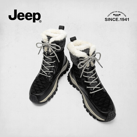 Jeep Jeep Snow Boots for Women with Fleece Thickened Winter Hard-resistant New Thick Sole Warm Martin Boots Northeast Anti-Slip Cotton Shoes for Women Black 37