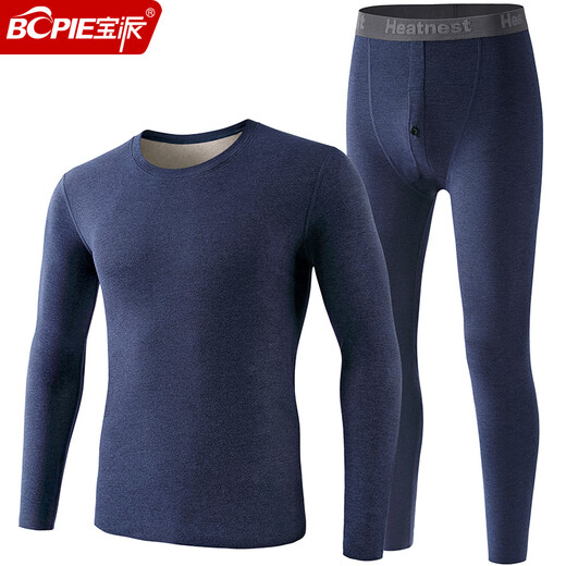 Baopai Thermal Underwear Set Men's Cashmere Couple Plus Velvet Round Neck Seamless Slim Bottoming Autumn Clothes Autumn Pants Women's Autumn and Winter Cashmere Warm Protective Patch PLUS Version Men's Navy Blue 2XL