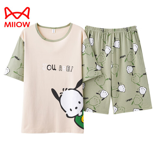 Cat Man (Miiow) reines Baumwoll-Pyjamas Teen loser großer Home-Kleidungs-Set Sommer Kurzarm Cartoon Sommer-Männer Kurzarm Shorts-Q1392 karierte lächelnde Gesicht XL Standard Männer [130-145jin [Jin gleich 0,5 kg]]