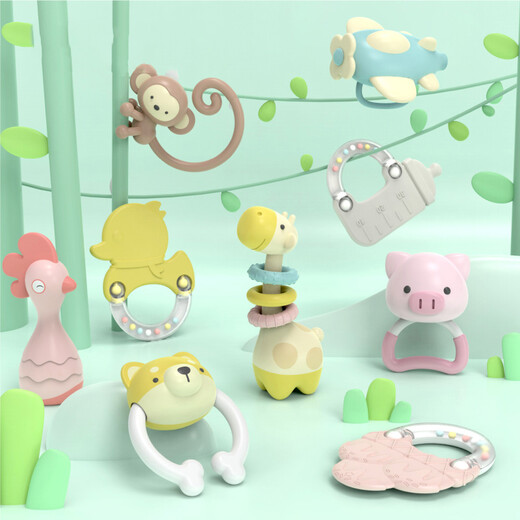 Aseblarm teether hand rattle 0-3-6 months 1 year old baby grasps early education enlightenment soothes newborn baby toy G animal rattle 6 set (blue)