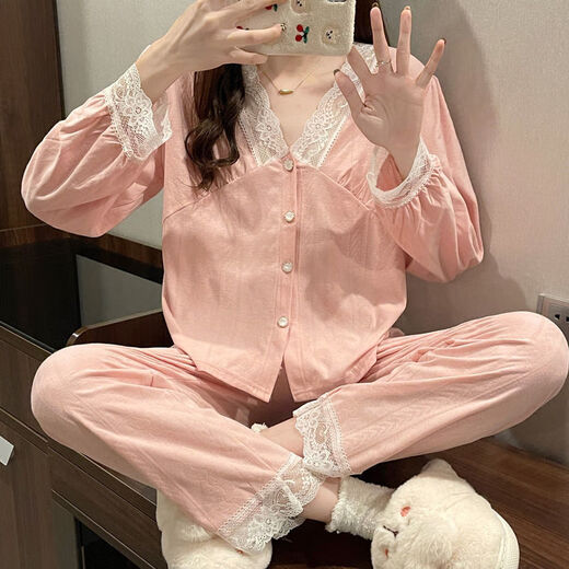 婉曼朵开衫睡衣女士棉秋秋款s风性感蕾丝长袖V领网红 短秀2 3882#粉色提花 M  建议80-105斤以内