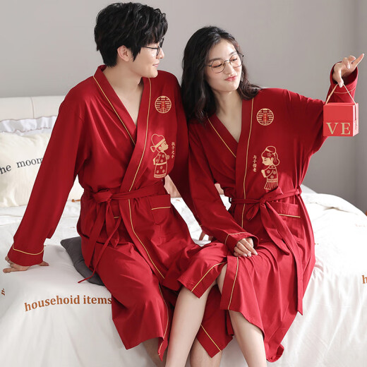 浪莎（LangSha）红色结婚情侣睡袍一男一女纯棉喜庆新婚睡衣浴袍家居服高档礼盒装 9928【礼盒装】 女M+男XL