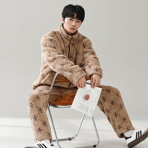 Tessgus Coral Velvet Pajamas Men's Winter Plus Velvet Thickened Suit Casual Large Size Couple Pajamas Flannel Women's Home Clothes Khaki - Men's L