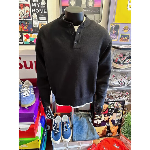 Qumile black henley collar sweater for men in spring American retro high-end knitted sweater cleanfit inner layering shirt for men light gray XL