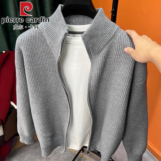 Pierre Cardin versatile solid color wool zipper cardigan men's knitted sweater autumn and winter new slim sweater jacket men stand collar outer wear black 165/M