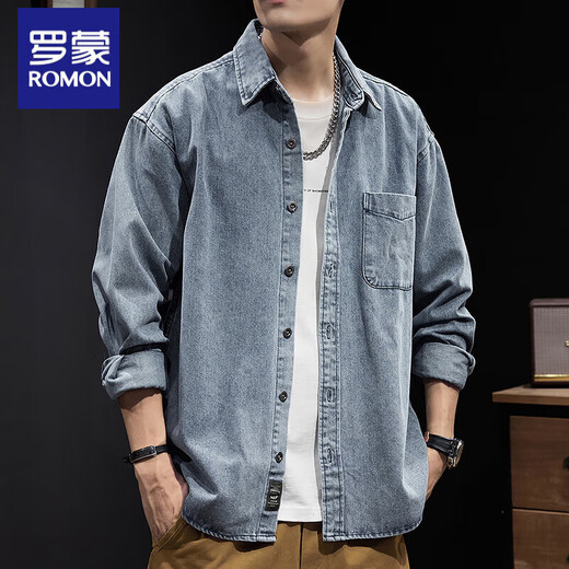 Romon Denim Shirt Men's Fall Outdoor Heavy Duty Jacket Spring and Autumn American Blue Wear-Resistant Solid Color Top Men Z757 Blue 4XL