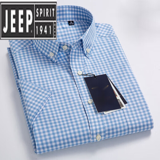 JEEP SPIRIT夏季纯.棉小格子衬衫男短袖薄款韩版修身潮流休闲棉半袖衬衣 绿色 PULO-F983 42
