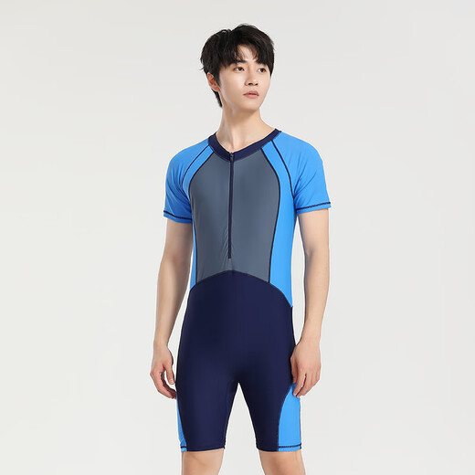 Yosoci swimsuit for boys and girls, medium and large children's wetsuit, one-piece surfing suit, short-sleeved, quick-drying, comfortable and elastic hot spring, dark blue (adult) 2XL