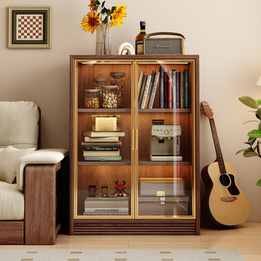 Small wooden sideboard integrated wall cabinet black walnut solid wood wine cabinet living room storage cabinet storage cabinet 1.6 meters three-door sideboard-without light combination
