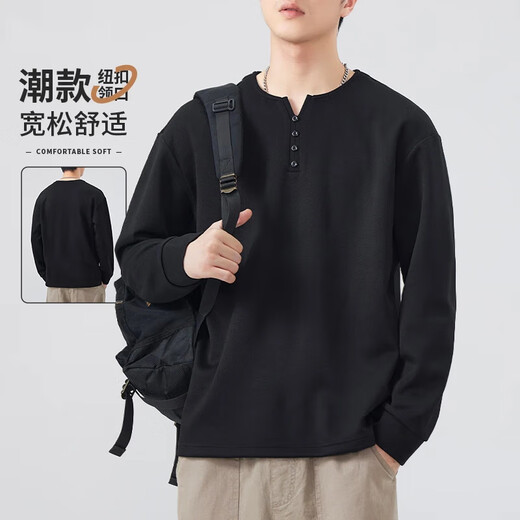 Romon sweatshirt men's Henry collar long-sleeved t-shirt new trend fashion simple versatile bottoming shirt casual tops men's 3309 black XL 120-140Jin Jin equals 0.5 kg