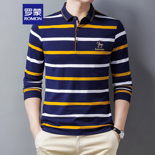 ROMON T-shirt men's spring and autumn striped lapel trendy business casual slim long-sleeved POLO bottoming shirt men's top BYBL8851 Yellow XL