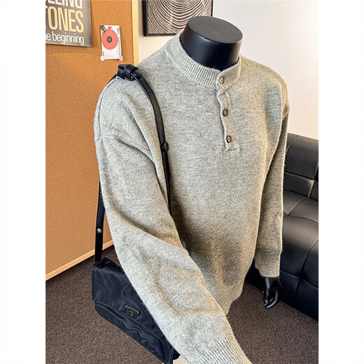 Jufeng Henry collar sweater for men, autumn and winter retro sweater, old money style sweater for men, cleanfit outfit, black single sweater 2XL