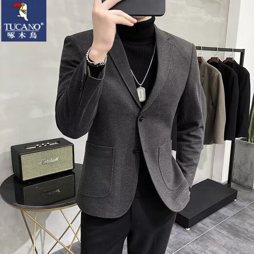 Woodpecker (TUCANO) autumn and winter thickened woolen small suit men's jacket slim fit casual Korean style handsome suit for men brown woolen + black sweater + velvet trousers set L