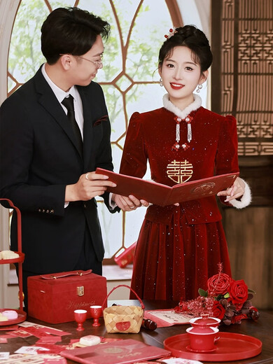 Yingwen Cheongsam Toast Wear Bride 2024 New Engagement Dress Chinese Wedding Long Sleeve Velvet Thickened Winter Burgundy S Recommended 85-90Jin Jin equals 0.5 kg