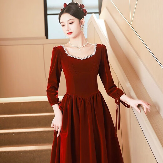 Li Baixin's fugitive princess toast dress autumn and winter velvet long-sleeved engagement dress Hepburn style bride wedding homecoming dress for women burgundy S