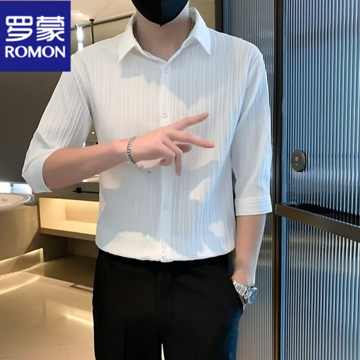 罗蒙（ROMON）七分袖衬衫男士痞帅夏季新款薄款中袖上衣衬衣冰丝条纹衬衣男装潮 白色 XL 参考130-145斤左右