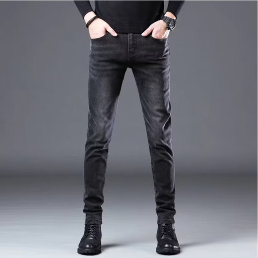 
FNAADOOG embroidered high-end gray-black jeans men's trendy internet celebrity young man slim-fitting and pinched pants New trend-1048 plus velvet 31