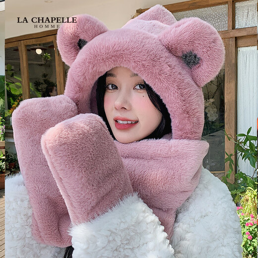 LA CHAPELLE HOMME parent-child children's hat, scarf and gloves three-piece set in one winter warm and cute scarf Khaki L